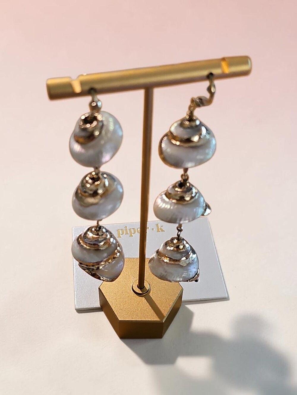 Piper Nwy White Shell Triple Drop Earrings with Gold Trim